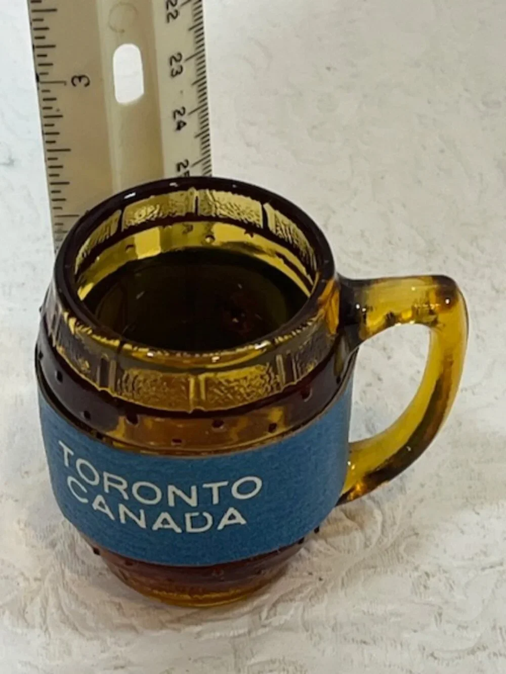 VTG Amber Glass Souvenir Toronto Canada Mini Mug Beer Barrel Blue Band 3